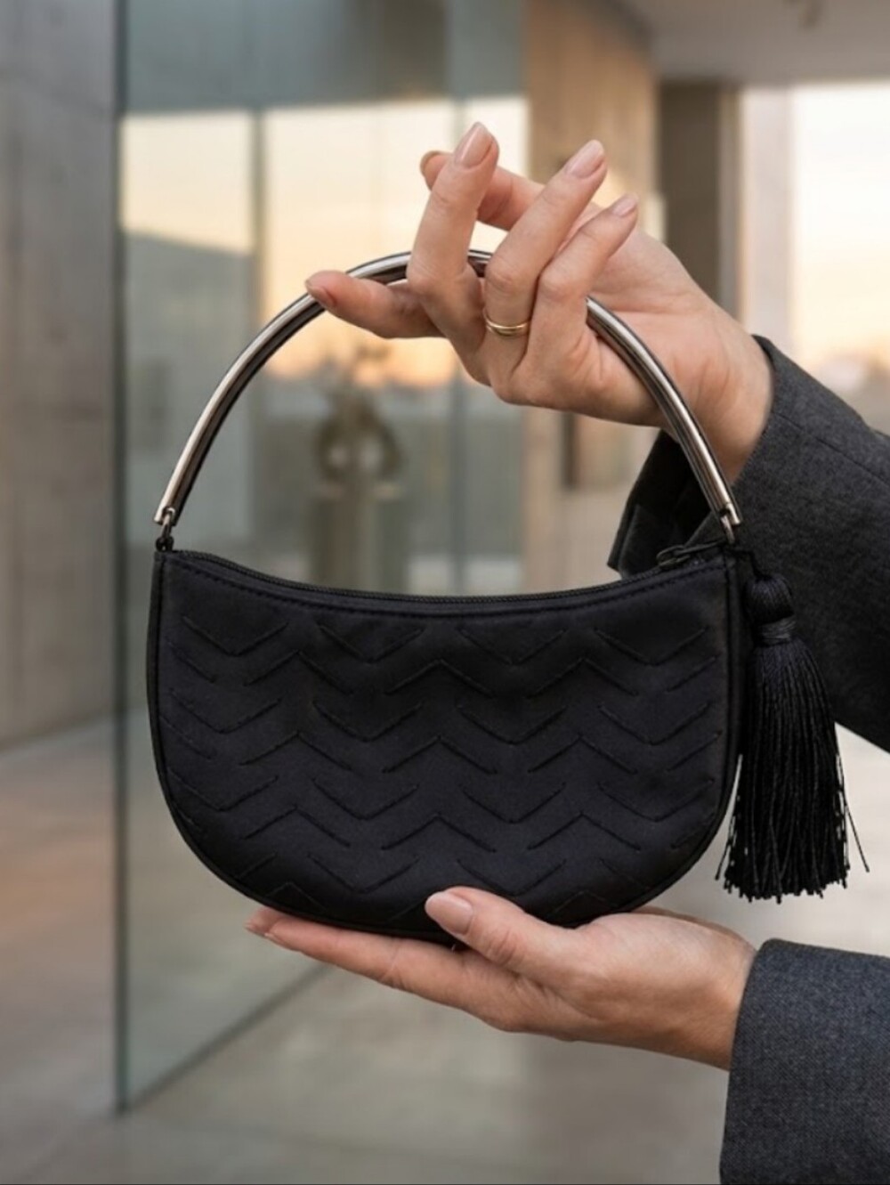 Black Chevron Quilted Ring Handle Crescent Clutch